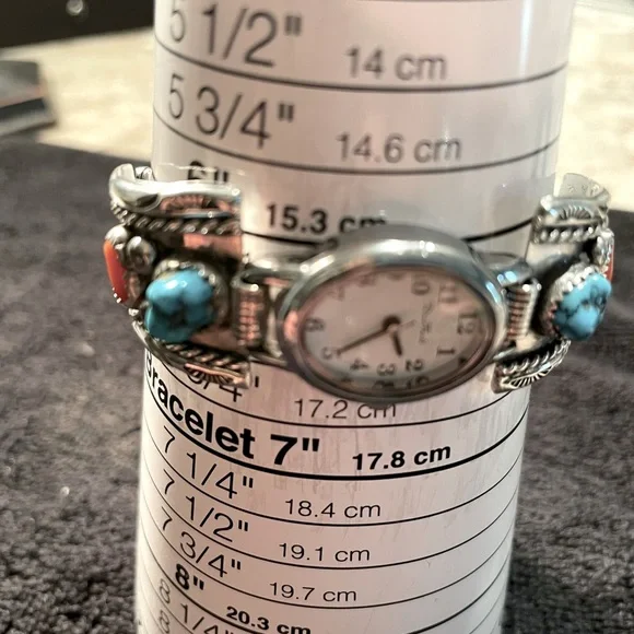 Vintage Navajo Turquoise & Coral Nugget Watchband Featuring New Watch - Picture 8 of 10